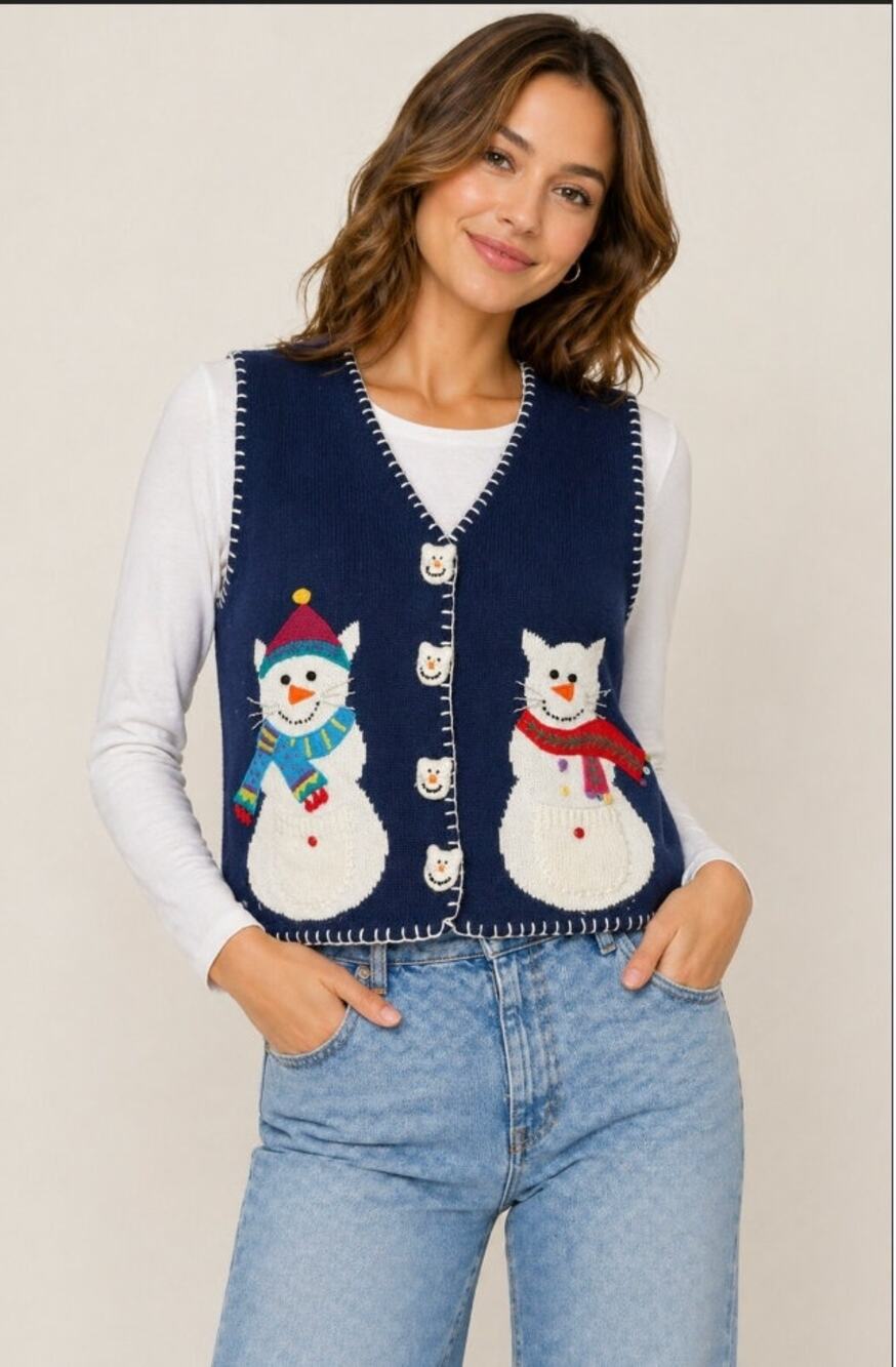 BellePointe Cat Snowman Sweater Vest Christmas Teacher Holiday Cute Kitschy M